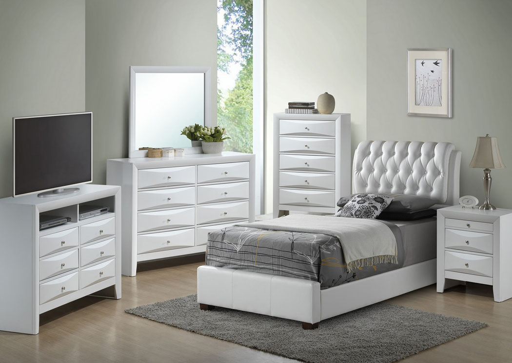 White Twin Upholstered Bed, Dresser & Mirror,Glory Furniture