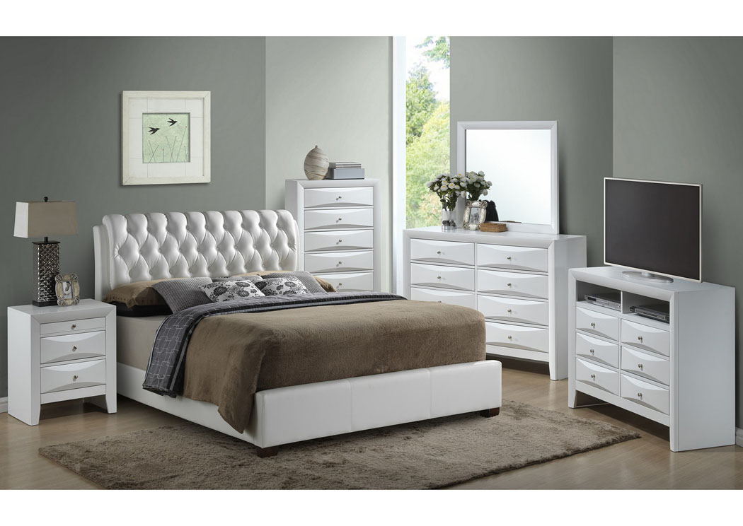 White Queen Upholstered Bed, Dresser & Mirror,Glory Furniture