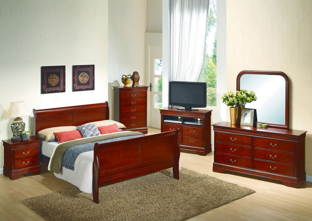 Cherry Queen Sleigh Bed, Dresser & Mirror,Glory Furniture
