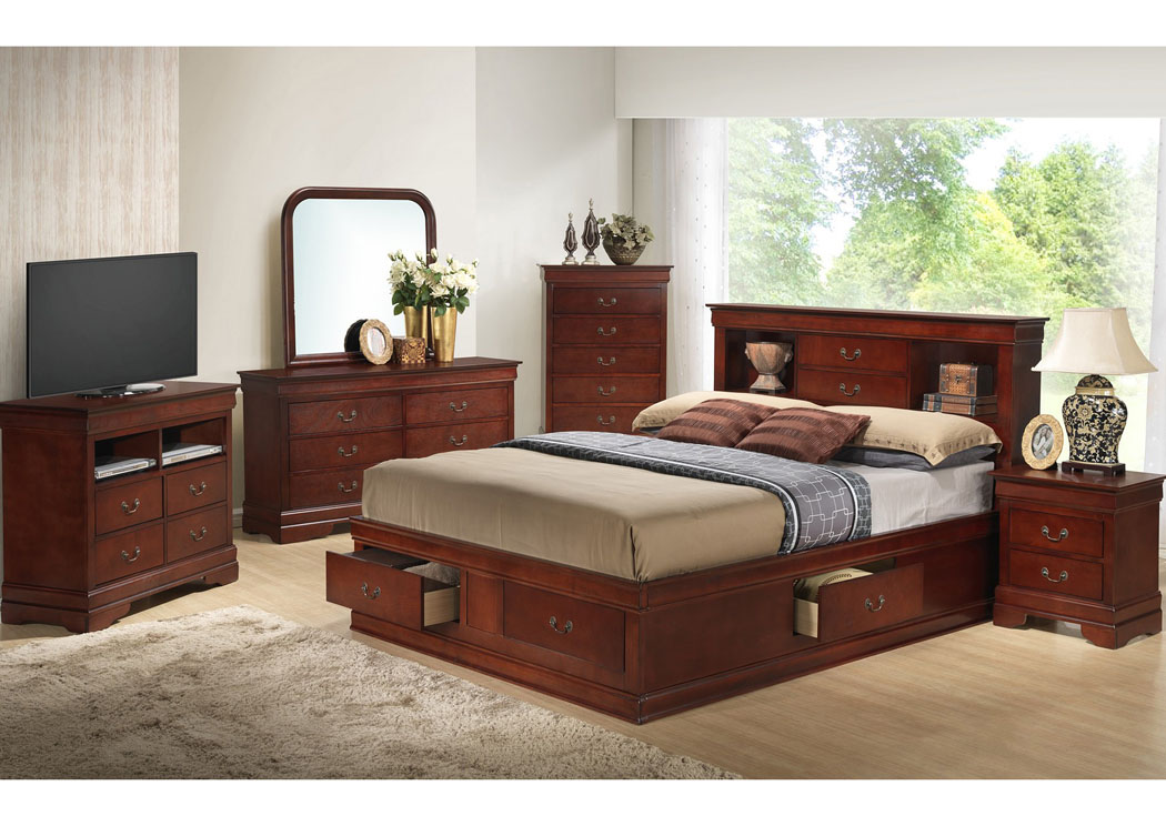 Cherry Queen Storage Bookcase Bed, Dresser & Mirror,Glory Furniture