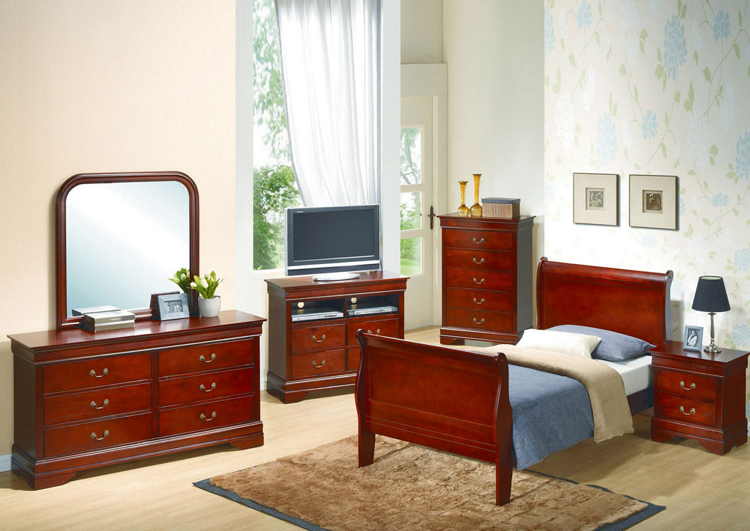 Cherry Twin Sleigh Bed, Dresser & Mirror,Glory Furniture