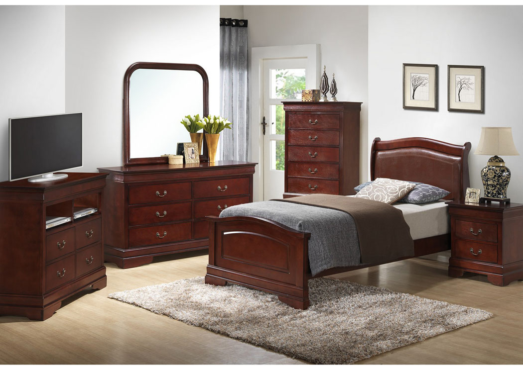 Cherry Twin Low Profile Upholstered Bed, Dresser & Mirror,Glory Furniture
