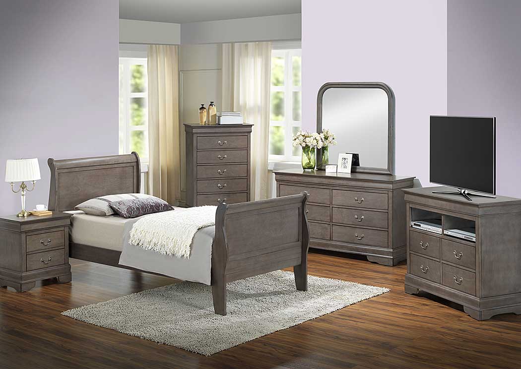 Grey Twin Sleigh Bed, Dresser & Mirror,Glory Furniture