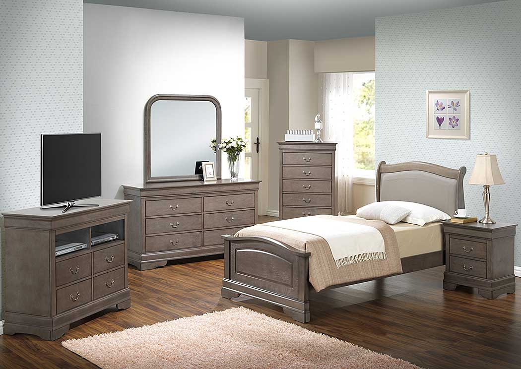 Grey Twin Low Profile Bed w/ PU Insert, Dresser & Mirror,Glory Furniture