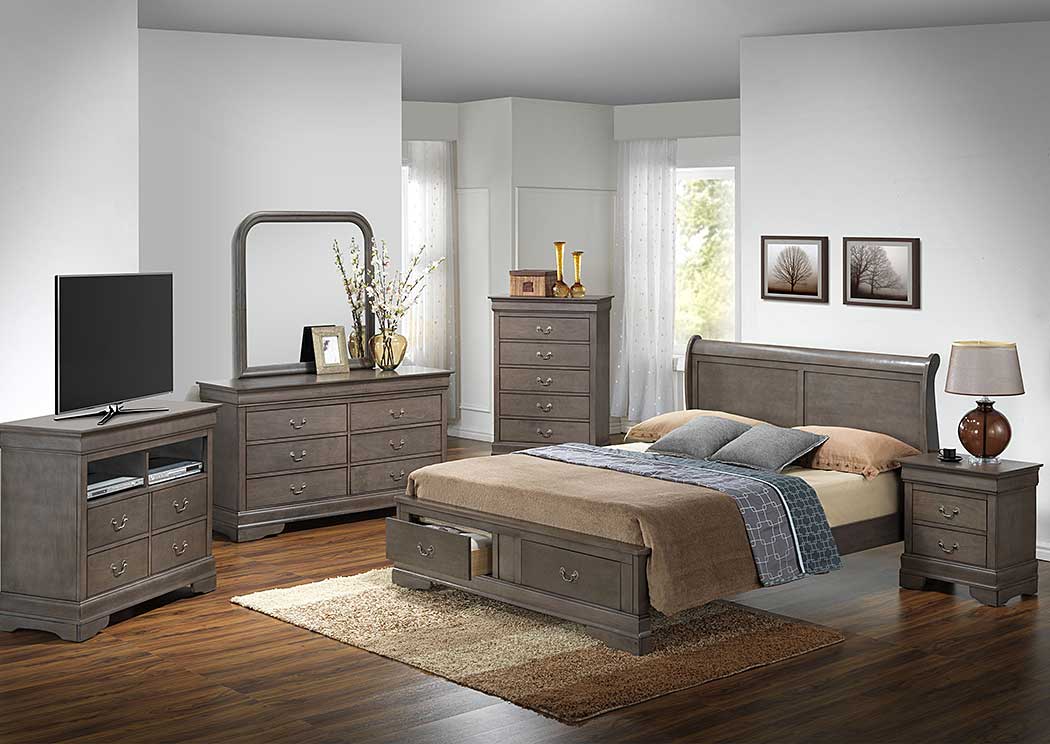 Grey Queen Low Profile Storage Bed, Dresser & Mirror,Glory Furniture