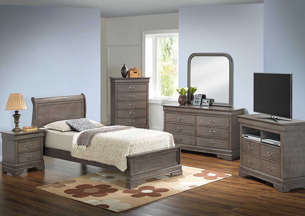 Grey Twin Low Profile Bed, Dresser & Mirror,Glory Furniture
