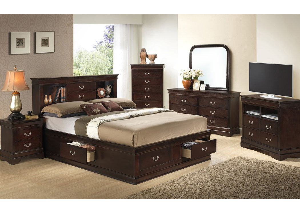 Cappuccino Queen Storage Bookcase Bed, Dresser & Mirror,Glory Furniture