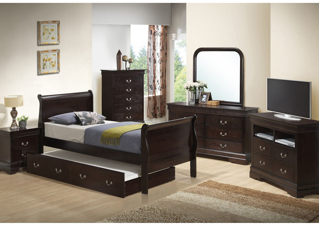 Cappuccino Full Trundle Bed, Dresser & Mirror,Glory Furniture