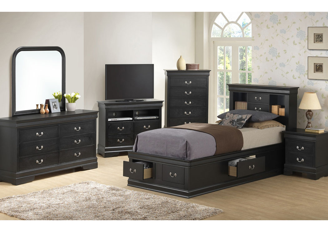 Black Twin Storage Bookcase Bed, Dresser & Mirror,Glory Furniture
