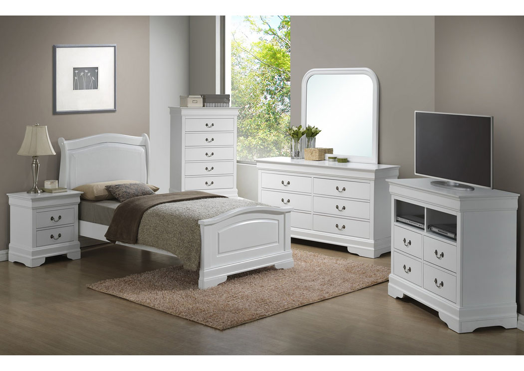 White Twin Low Profile Upholstered Bed, Dresser & Mirror,Glory Furniture