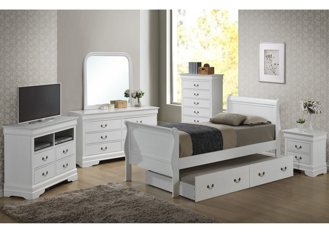 White Twin Trundle Bed, Dresser & Mirror,Glory Furniture