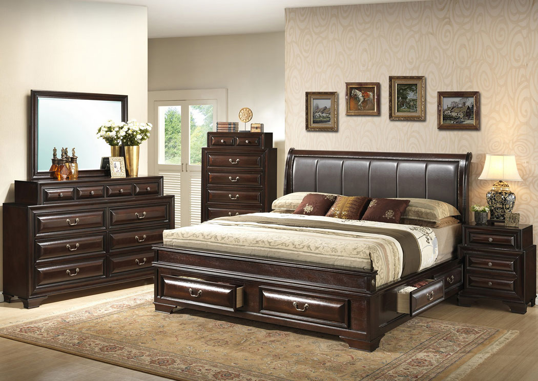 Six Drawer Cappuccino King Upholstered Sleigh Storage Bed w/Dresser and Mirror,Glory Furniture