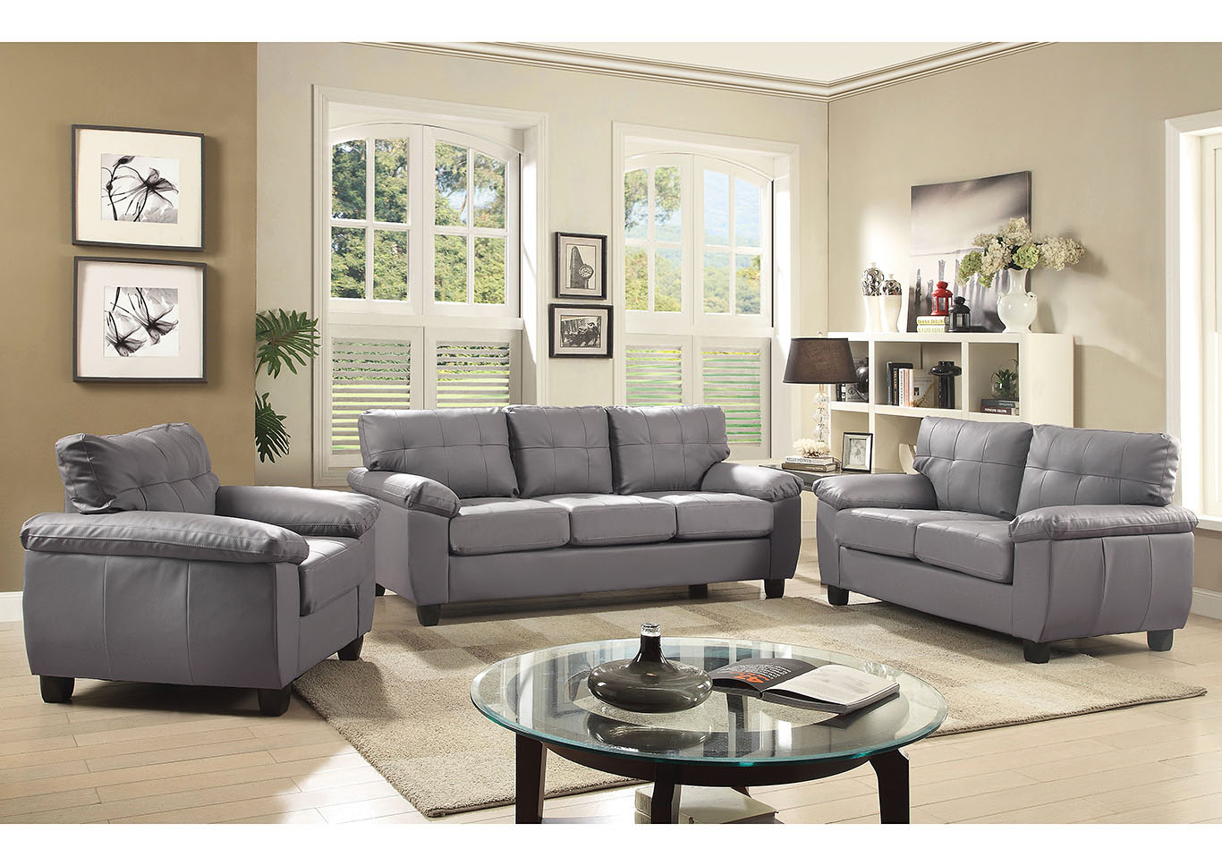 Faux Leather Sofa Set, Gray Leather Living Room Set