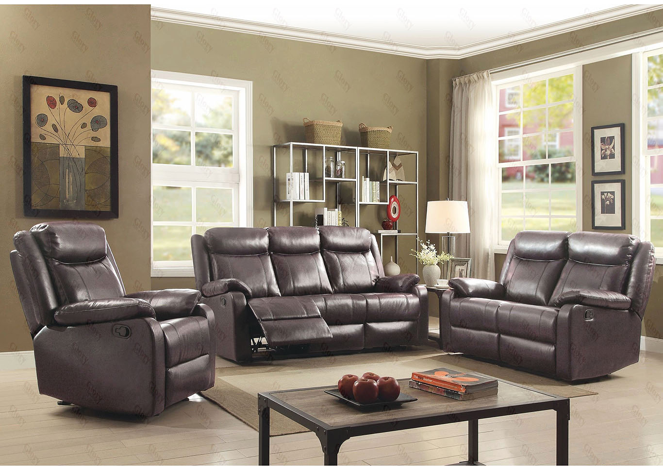 Dark Brown Faux Leather Double Reclining Sofa and Loveseat,Glory Furniture