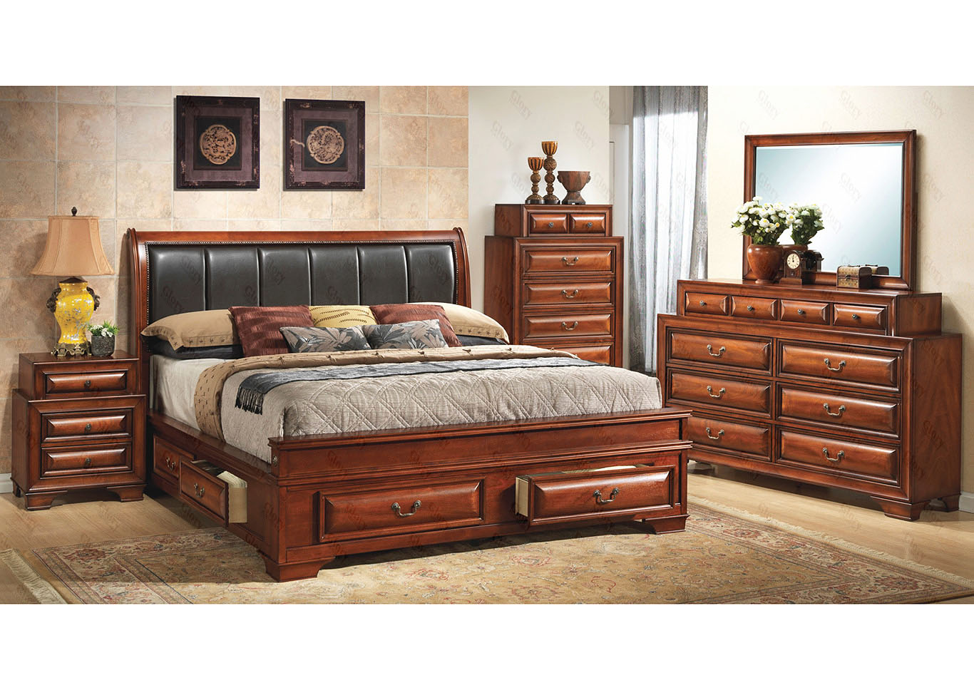 Six Drawer Cherry Full Upholstered Sleigh Storage Bed,Glory Furniture