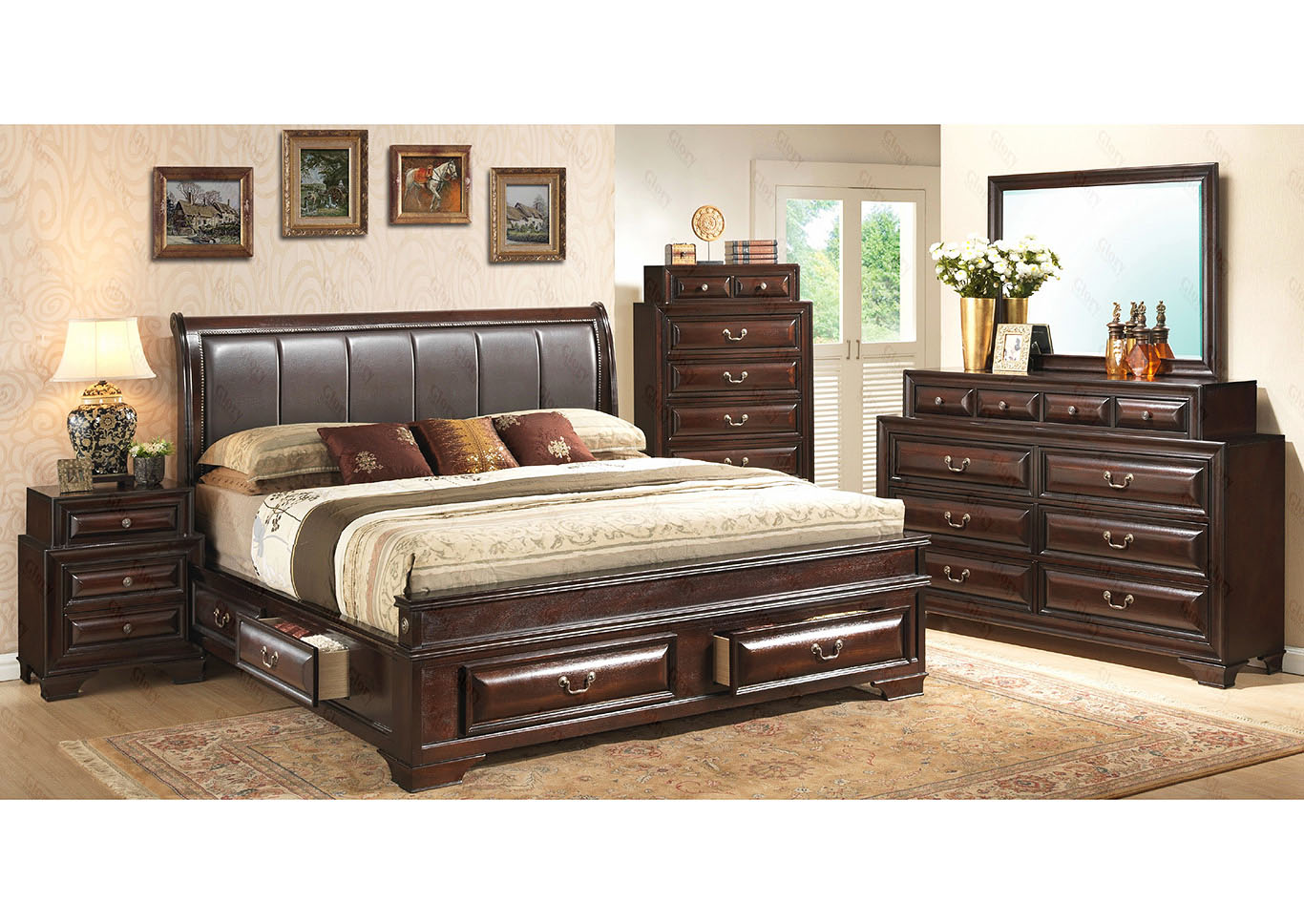 Six Drawer Cappuccino Full Upholstered Sleigh Storage Bed,Glory Furniture