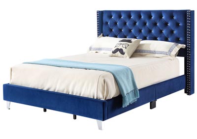 Navy Velvet Queen Upholstered Bed