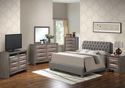Gray Queen Upholstered Bed, Dresser & Mirror