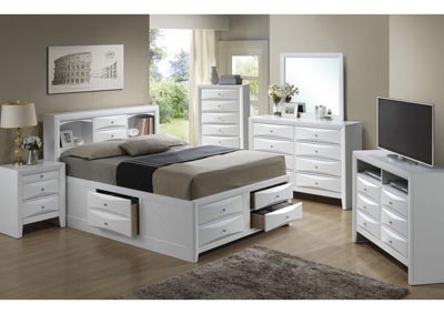 White Queen Storage Bookcase Bed, Dresser & Mirror