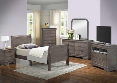 Grey Twin Sleigh Bed, Dresser & Mirror