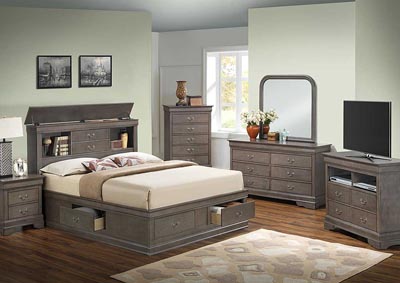 Grey Queen Storage Bed, Dresser & Mirror