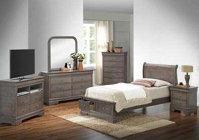 Grey Twin Low Profile Storage Bed, Dresser & Mirror