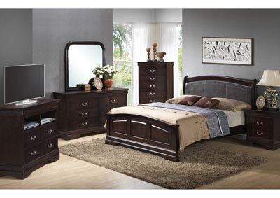 Cappuccino Queen Low Profile Upholstered Bed, Dresser & Mirror
