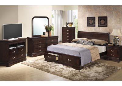 Cappuccino Queen Low Profile Storage Bed, Dresser & Mirror