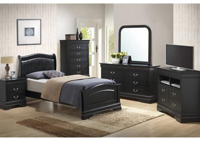 Black Twin Low Profile Upholstered Bed, Dresser & Mirror