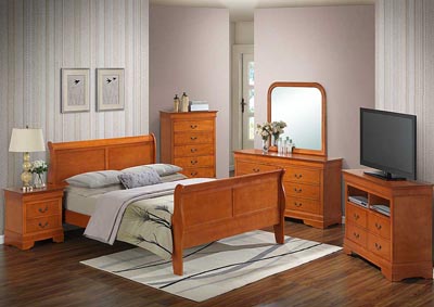 Oak Queen Sleigh Bed, Dresser & Mirror