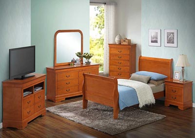 Oak Twin Sleigh Bed, Dresser & Mirror