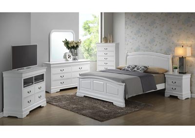 White Queen Low Profile Upholstered Bed, Dresser & Mirror