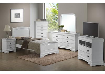 White Twin Low Profile Upholstered Bed, Dresser & Mirror