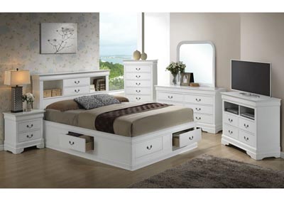White Queen Storage Bookcase Bed, Dresser & Mirror