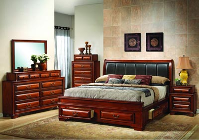 Cherry Queen Upholstered Bed w/ 6 Drawers, Dresser & Mirror