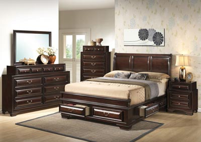 Six Drawer Cappuccino Queen Upholstered Storage Bed w/Dresser and Mirror