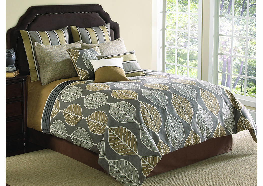 Branson Gray/Tan/White Leaf Pattern 10 Piece King Comforter Set,Hallmart