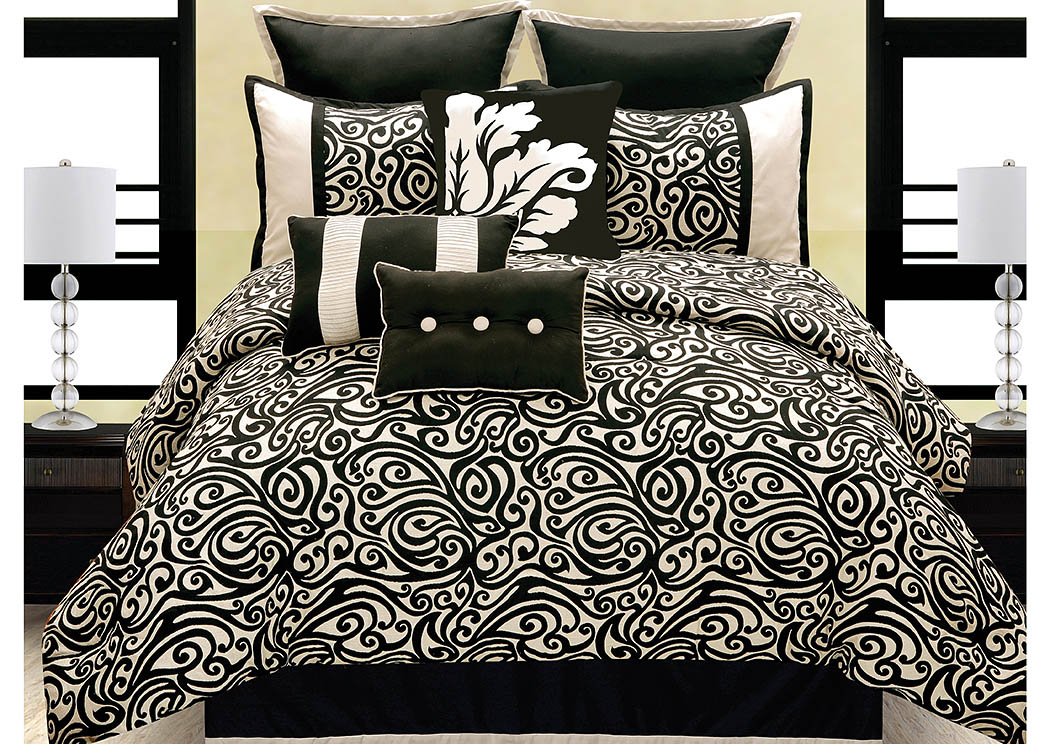 Carrington Black/Ivory Damask Pattern 10 Piece King Comforter Set,Hallmart