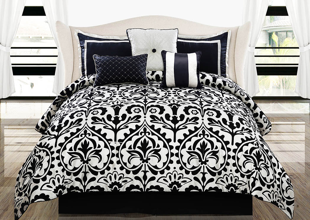 Concord Medallion Black/White Damask Pattern 7 Piece Queen Comforter Set,Hallmart