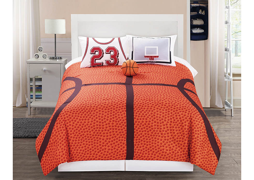Courtside Orange Basketball Pattern 4 Piece Full Comforter Set,Hallmart