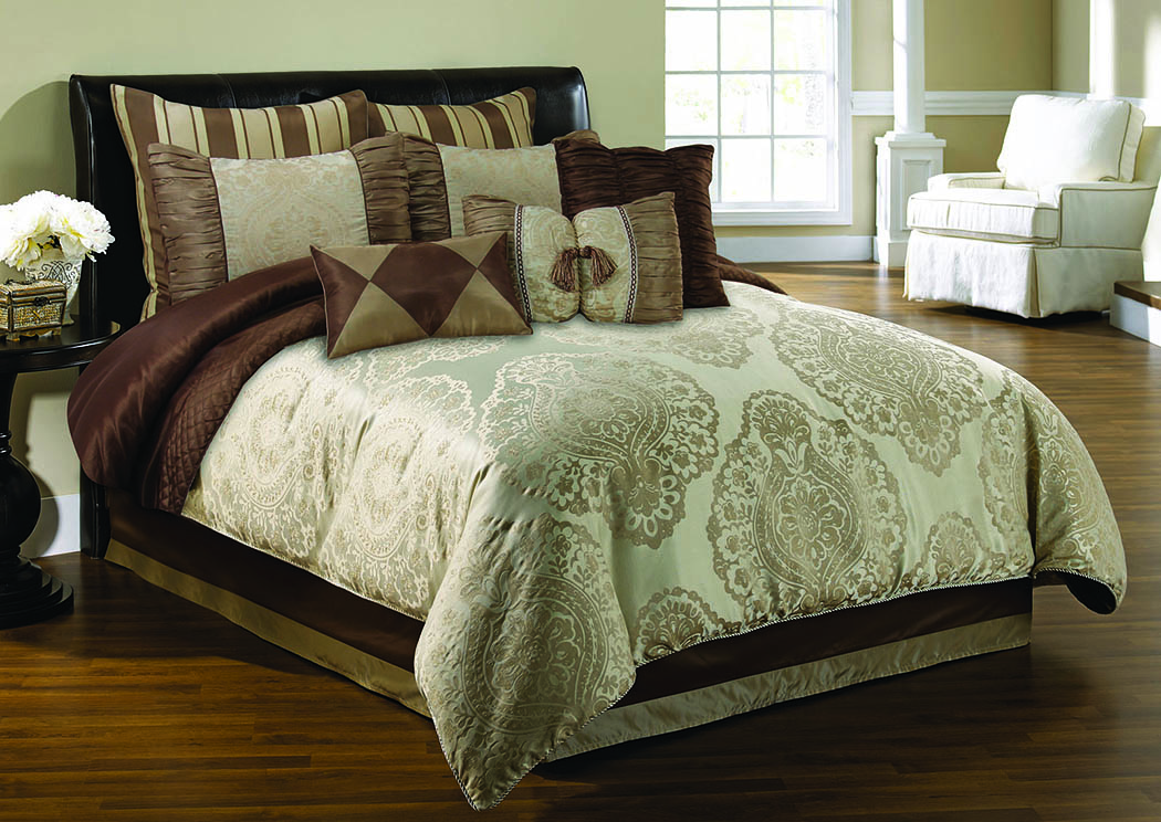 Decadence Gold/Ivory Damask Pattern 10 Piece King Comforter Set,Hallmart