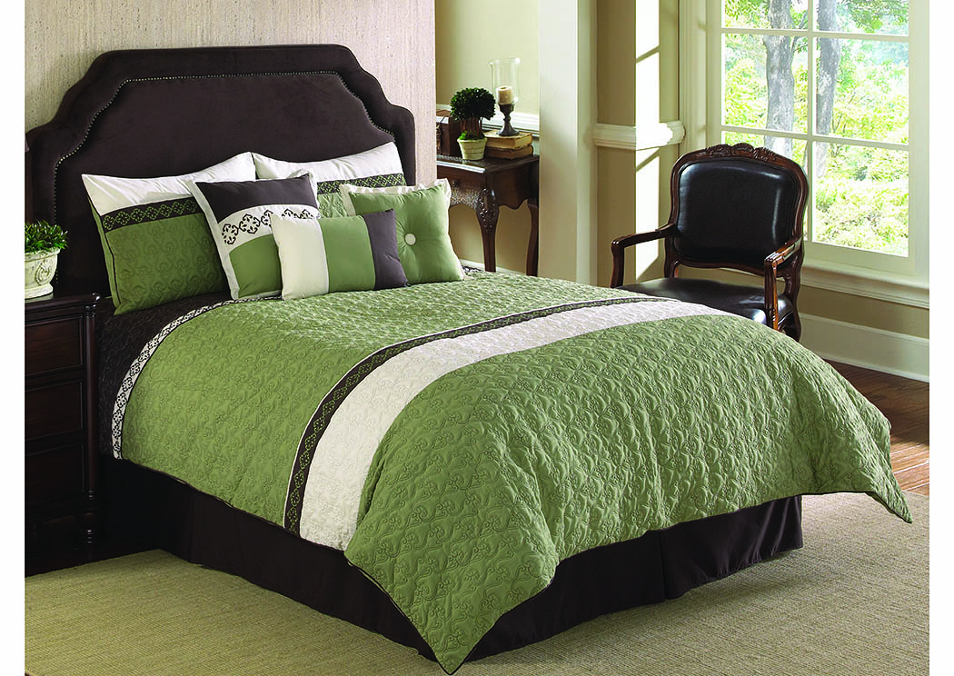 Frontera Brown/Olive Green/White Embroidered 7 Piece Quilted Queen Comforter Set,Hallmart