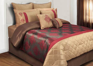 Image for Monarch Burgundy/Gray/Tan Damask Pattern 8 Piece King Comforter Set