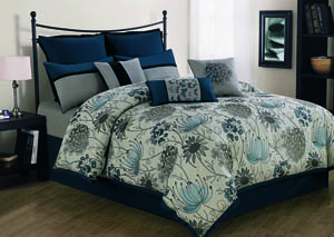 Penrose Peacock Blue 10 Piece King Comforter Set
