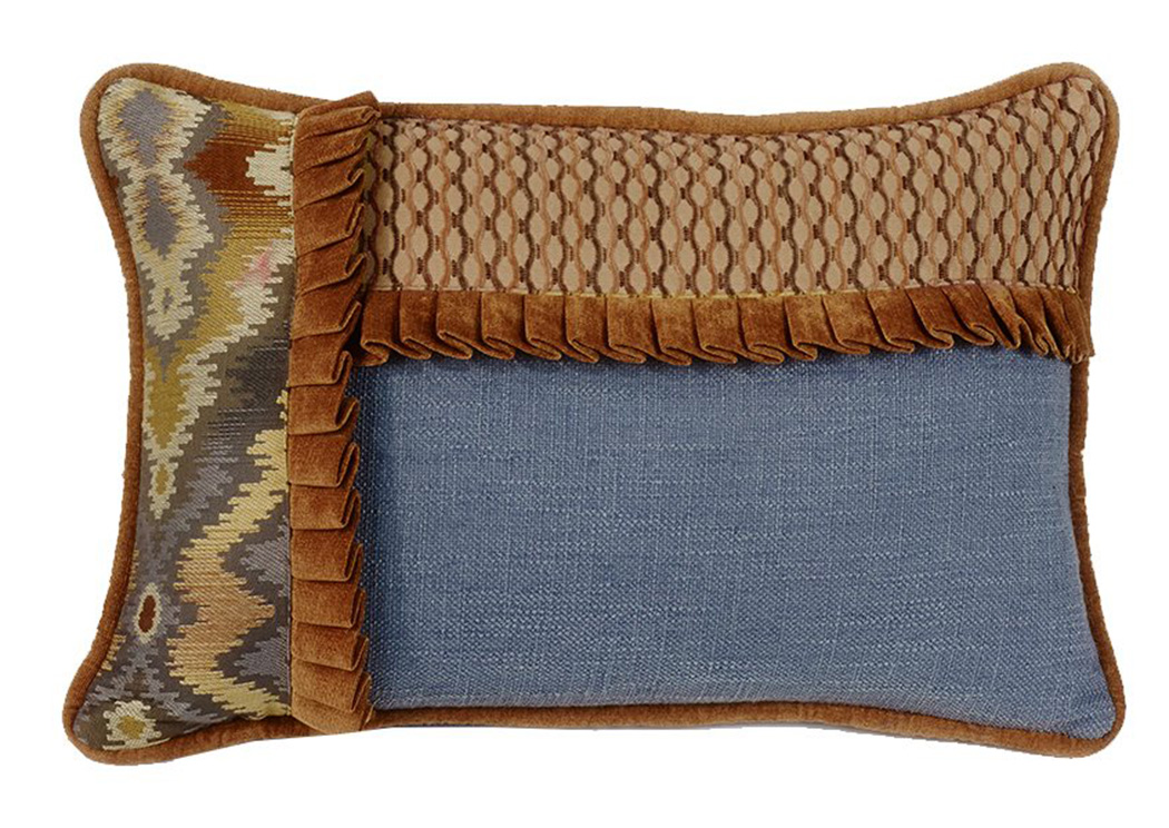 Lexington Blue & Tan Rustic Pattern Pieced Ruffle Oblong Pillow,Hi End Accents