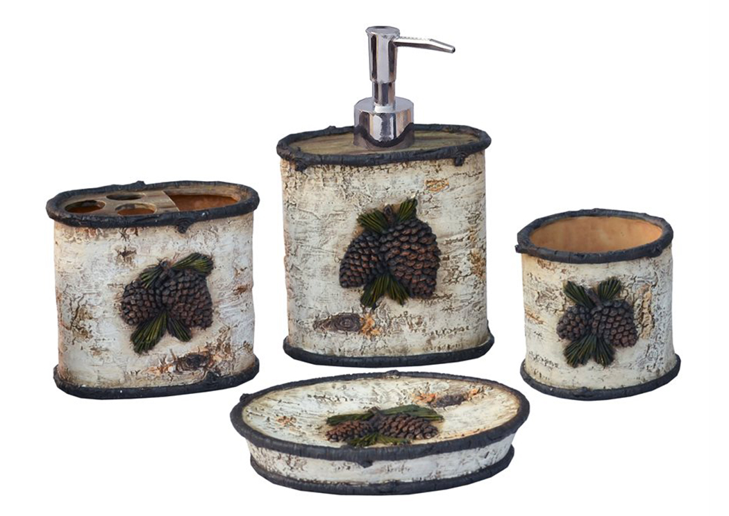4 Pc Birch Pinecone Bath Set,Hi End Accents