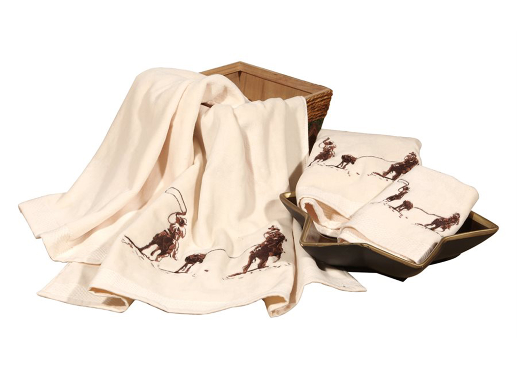 Cream 3 Pc Embroidered Team Roping Towel Set,Hi End Accents