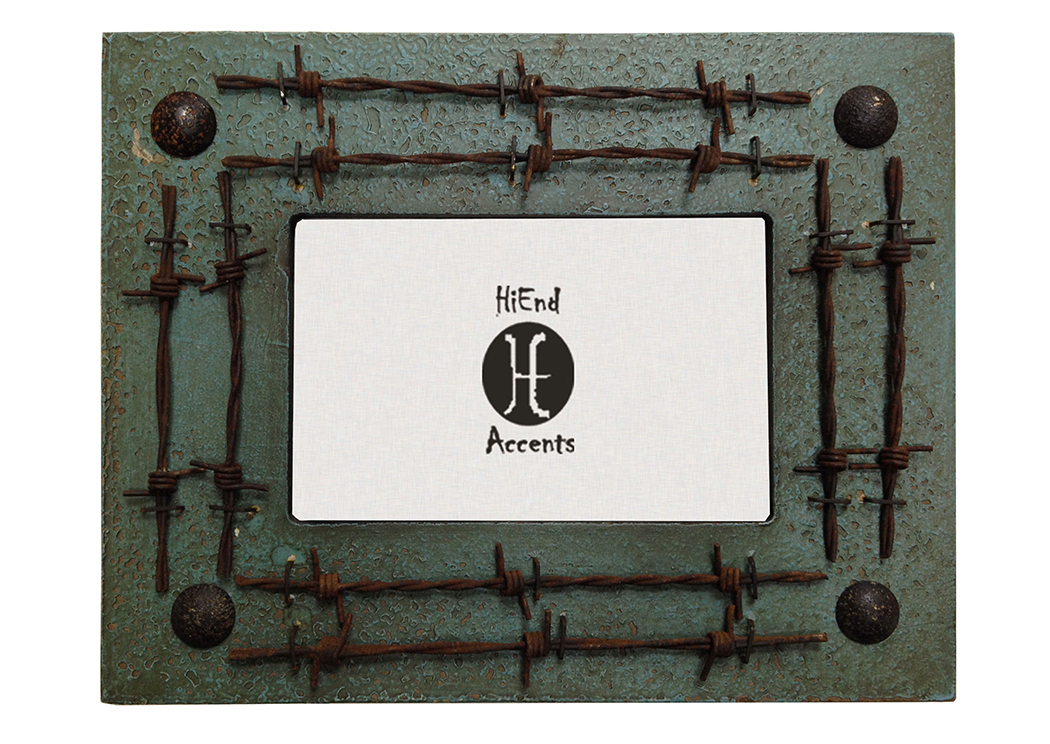 Turquoise Distressed Wood Picture Frame w/Barbwire,Hi End Accents