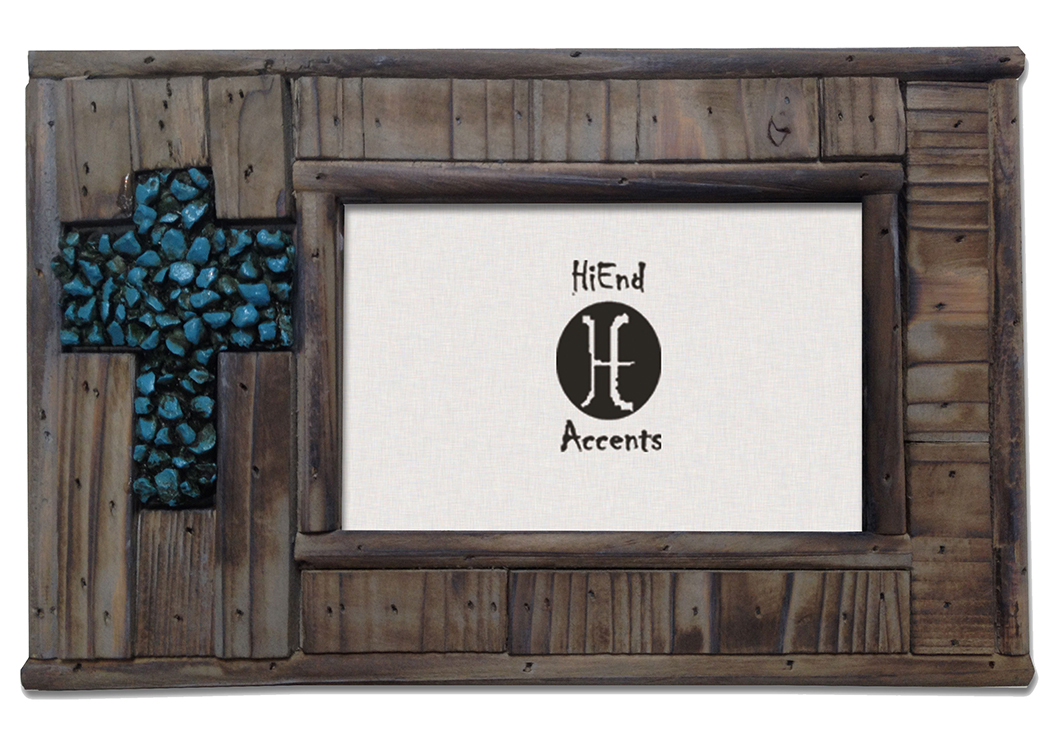 4' x 6' Rustic Reclaimed Wood Picture Frame w/Faux Turquoise Rock Cross,Hi End Accents