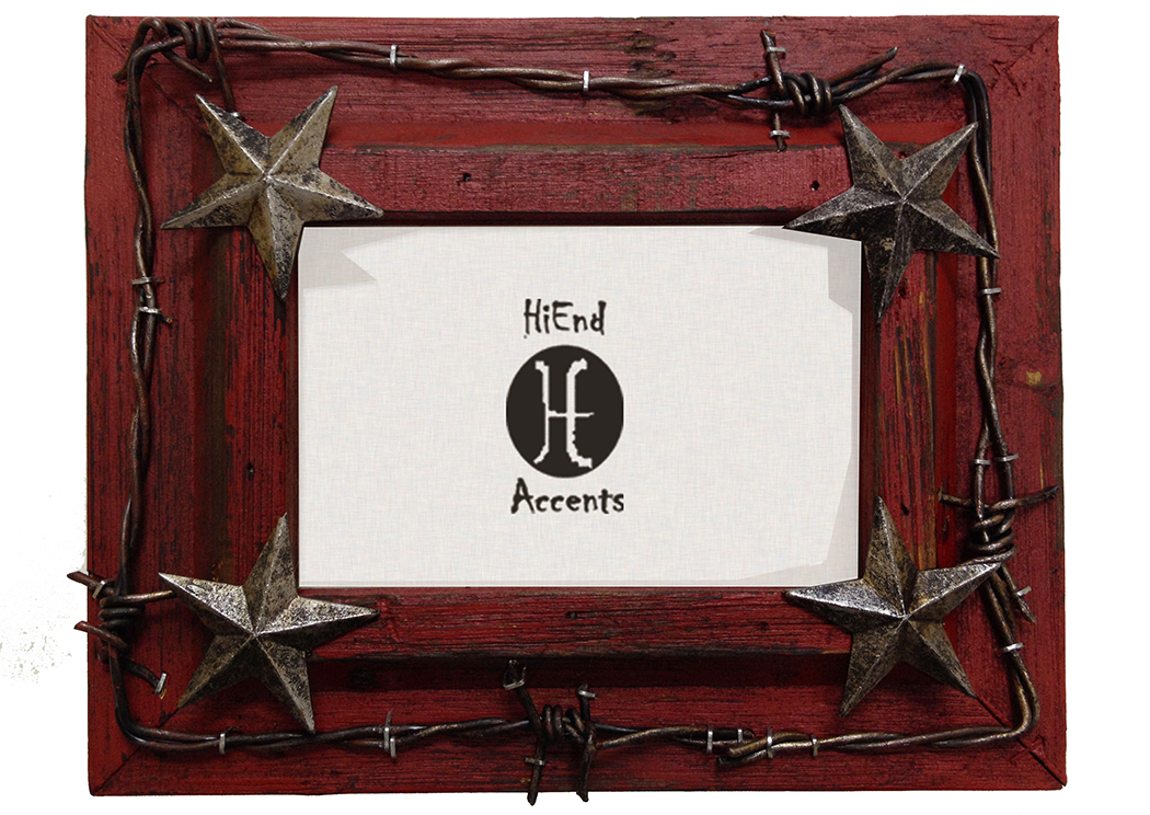 4' x 6' Red Painted Distressed Wood Picture Frame w/Barbwire & Silver Stars,Hi End Accents